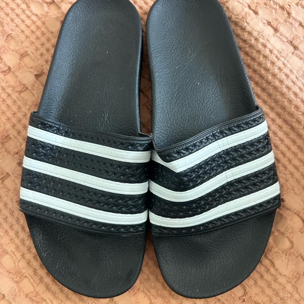 Adidas Black Slides with White Stripes